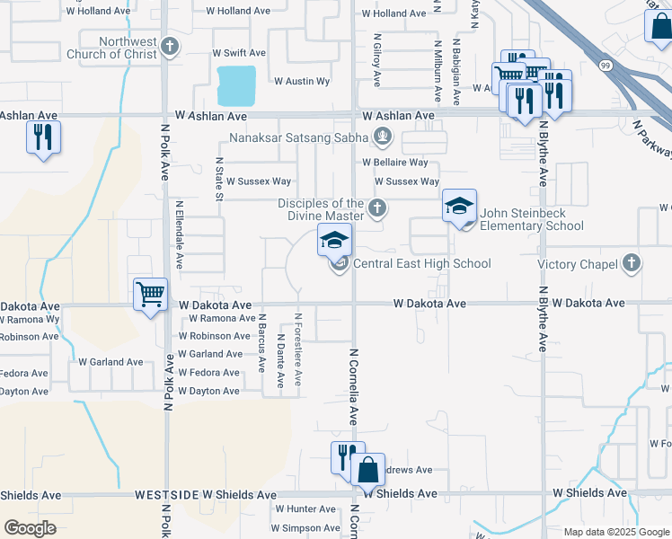 map of restaurants, bars, coffee shops, grocery stores, and more near 3535 North Cornelia Avenue in Fresno