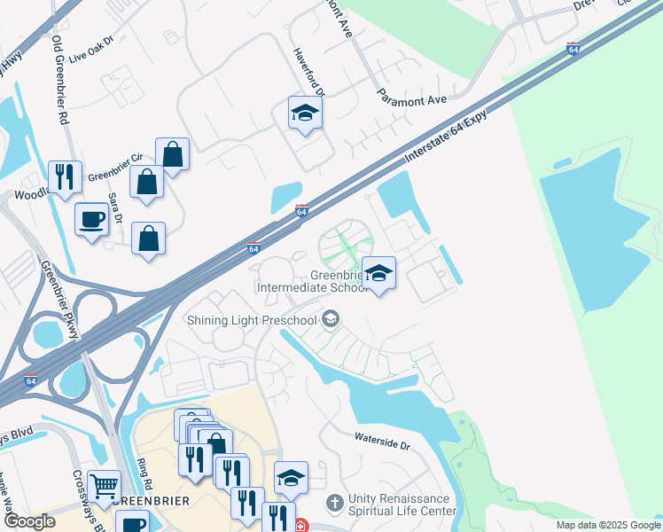 map of restaurants, bars, coffee shops, grocery stores, and more near 1800 Beckwood Common in Chesapeake