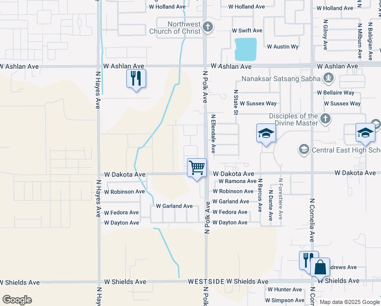 map of restaurants, bars, coffee shops, grocery stores, and more near 5558 West Flint Way in Fresno