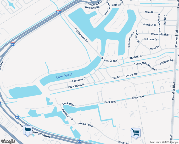 map of restaurants, bars, coffee shops, grocery stores, and more near 3924 Lakeview Drive in Chesapeake