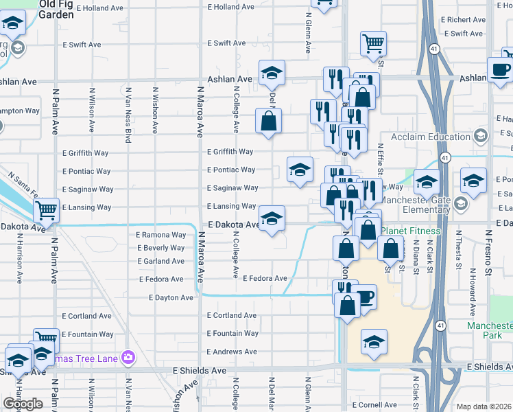 map of restaurants, bars, coffee shops, grocery stores, and more near 1206 East Lansing Way in Fresno