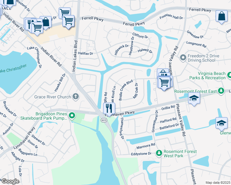 map of restaurants, bars, coffee shops, grocery stores, and more near 1512 Oak Knoll Lane in Virginia Beach