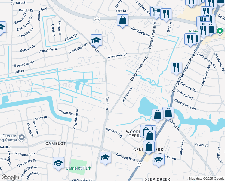 map of restaurants, bars, coffee shops, grocery stores, and more near 2720 Thomas Street in Chesapeake