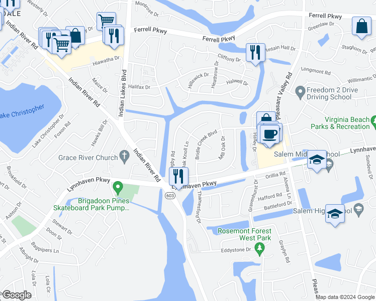 map of restaurants, bars, coffee shops, grocery stores, and more near 1512 Oak Knoll Lane in Virginia Beach