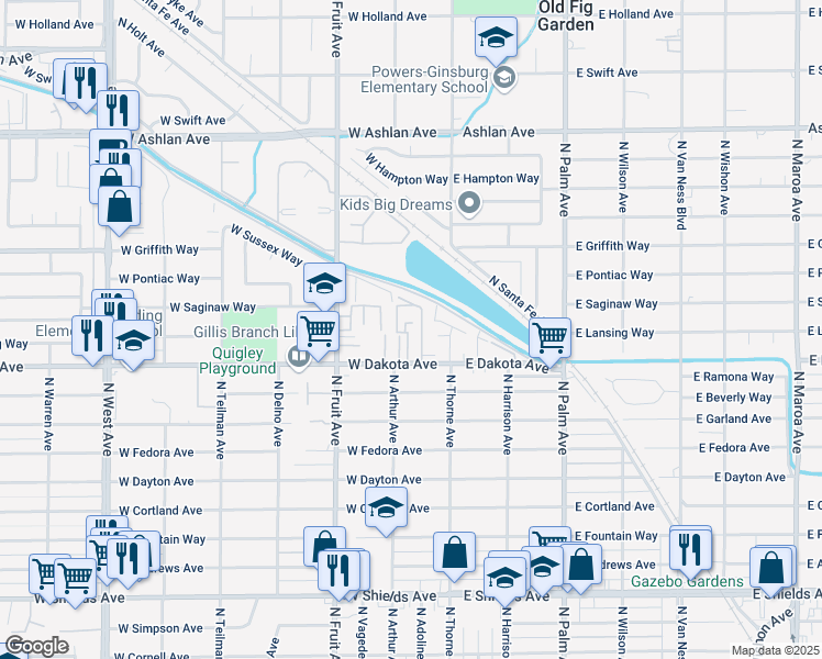 map of restaurants, bars, coffee shops, grocery stores, and more near 150 West Dakota Avenue in Fresno