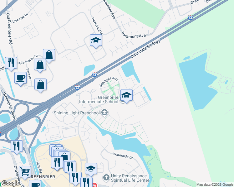map of restaurants, bars, coffee shops, grocery stores, and more near 2049 Woodgate Arch in Chesapeake