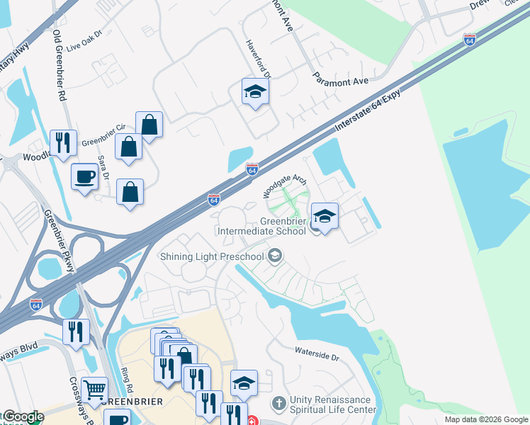 map of restaurants, bars, coffee shops, grocery stores, and more near 1717 Birch Trail Circle in Chesapeake
