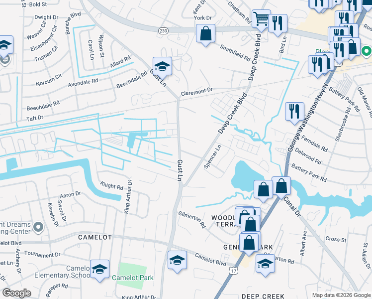 map of restaurants, bars, coffee shops, grocery stores, and more near 2716 Thomas Street in Chesapeake