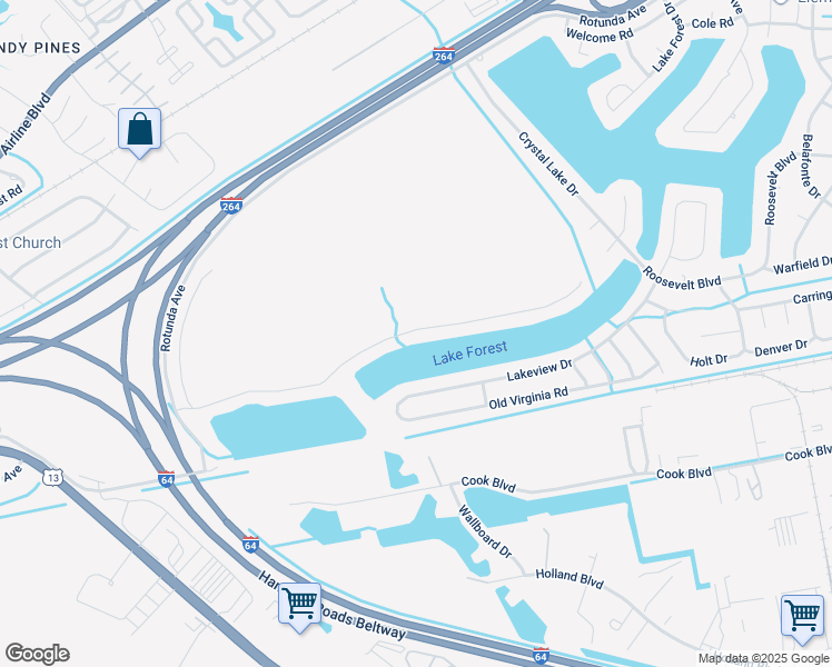 map of restaurants, bars, coffee shops, grocery stores, and more near 3943 Grand Isle Drive in Chesapeake
