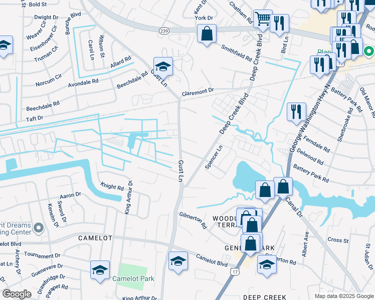 map of restaurants, bars, coffee shops, grocery stores, and more near 2724 Thomas Street in Chesapeake