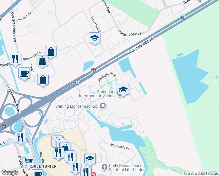 map of restaurants, bars, coffee shops, grocery stores, and more near 1817 Beckwood Common in Chesapeake