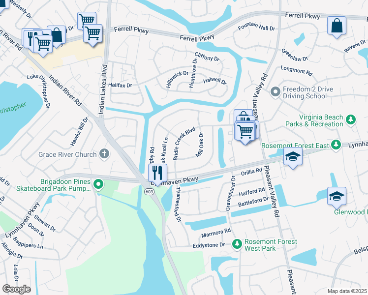 map of restaurants, bars, coffee shops, grocery stores, and more near 1621 Sweet Bay Court in Virginia Beach
