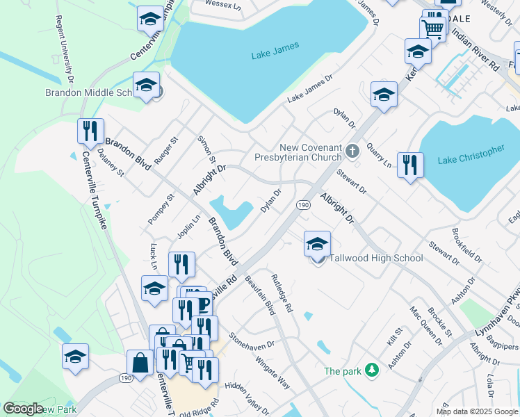 map of restaurants, bars, coffee shops, grocery stores, and more near 1669 Dylan Drive in Virginia Beach