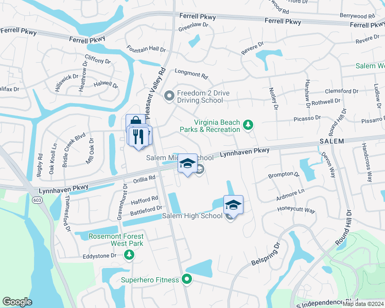 map of restaurants, bars, coffee shops, grocery stores, and more near 1204 Saddlebred Drive in Virginia Beach