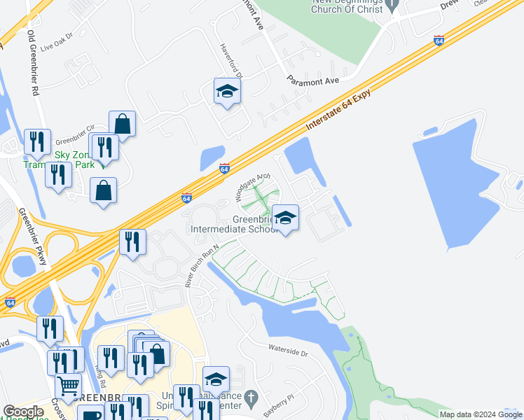 map of restaurants, bars, coffee shops, grocery stores, and more near 1817 Beckwood Common in Chesapeake