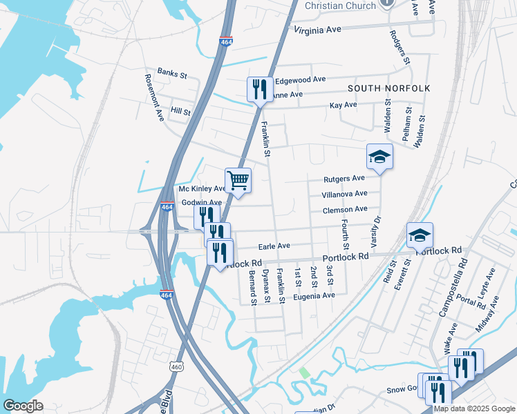 map of restaurants, bars, coffee shops, grocery stores, and more near 1204 Godwin Avenue in Chesapeake