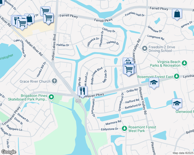map of restaurants, bars, coffee shops, grocery stores, and more near 1621 Sweet Bay Court in Virginia Beach