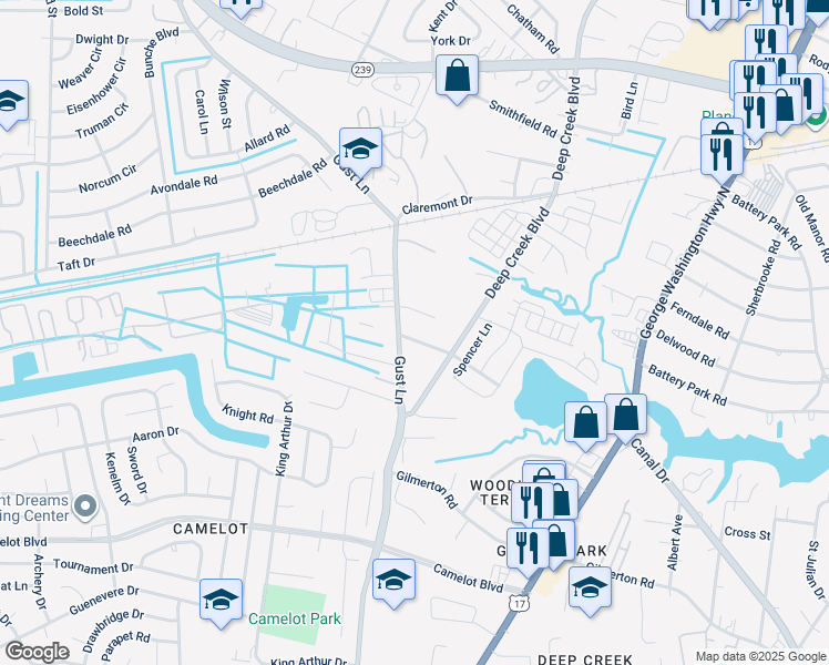 map of restaurants, bars, coffee shops, grocery stores, and more near 2724 Thomas Street in Chesapeake