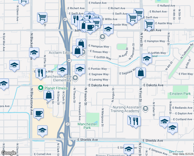 map of restaurants, bars, coffee shops, grocery stores, and more near 2642 East Lansing Way in Fresno