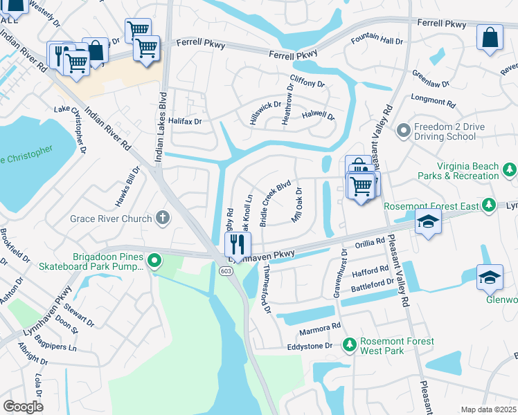 map of restaurants, bars, coffee shops, grocery stores, and more near 1521 Bridle Creek Boulevard in Virginia Beach