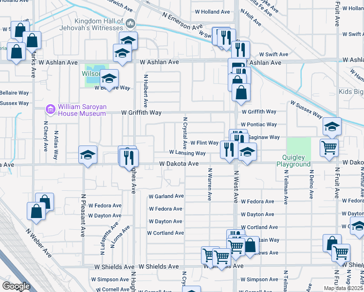 map of restaurants, bars, coffee shops, grocery stores, and more near 1634 West Lansing Way in Fresno