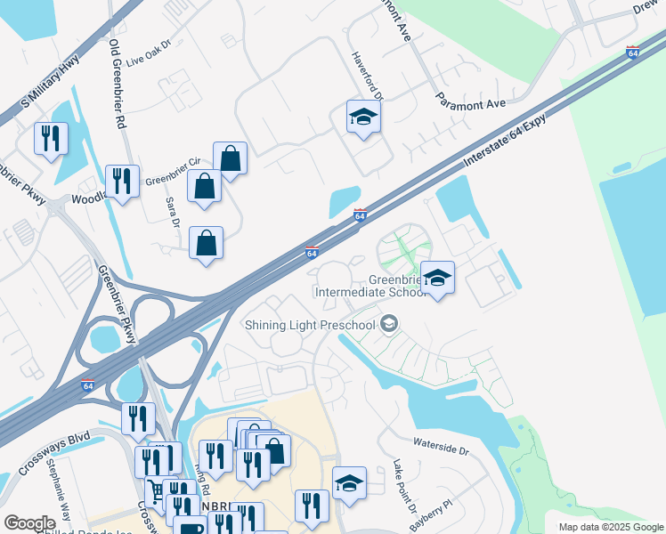 map of restaurants, bars, coffee shops, grocery stores, and more near 1712 Birch Trail Circle in Chesapeake