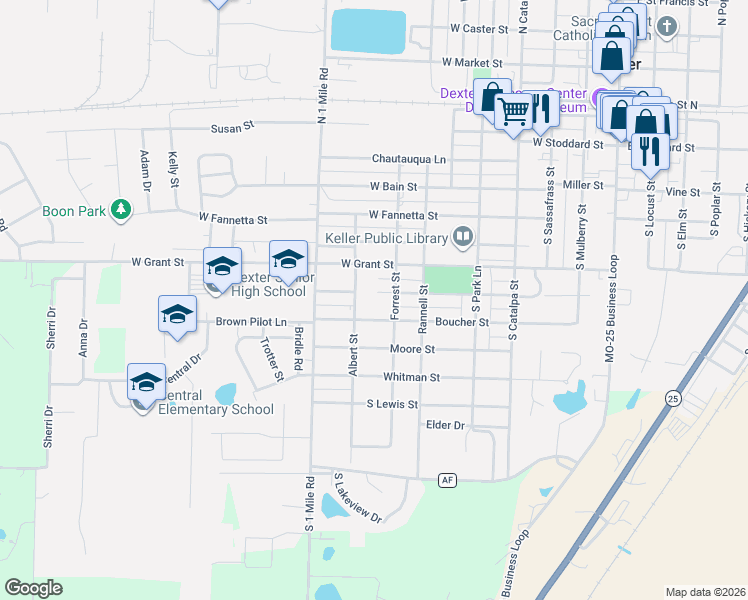 map of restaurants, bars, coffee shops, grocery stores, and more near 709 Houston Street in Dexter