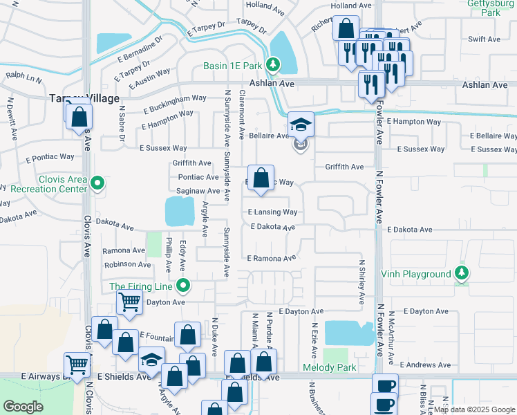 map of restaurants, bars, coffee shops, grocery stores, and more near 5836 East Lansing Way in Fresno