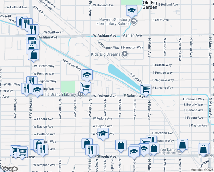 map of restaurants, bars, coffee shops, grocery stores, and more near 310 West Dakota Avenue in Fresno