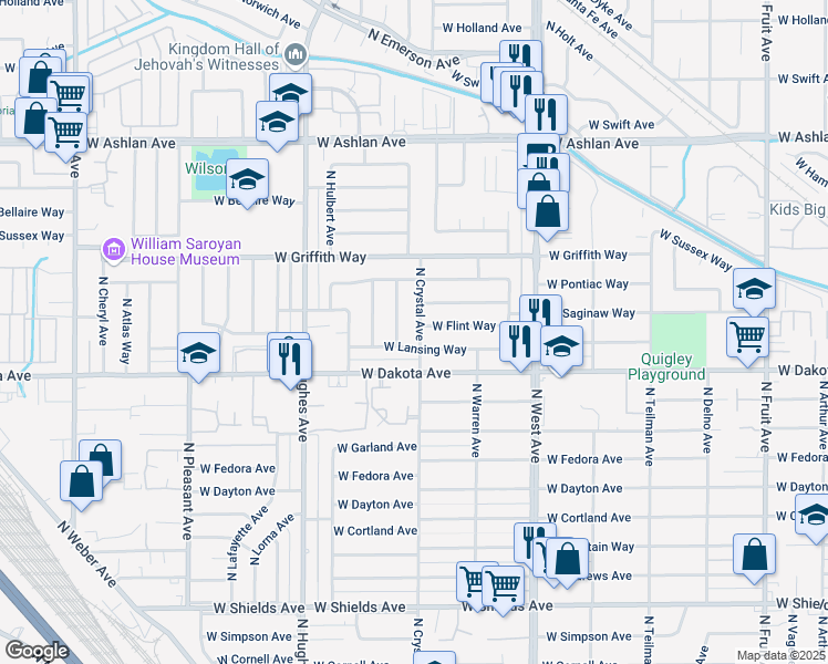 map of restaurants, bars, coffee shops, grocery stores, and more near 1634 West Lansing Way in Fresno