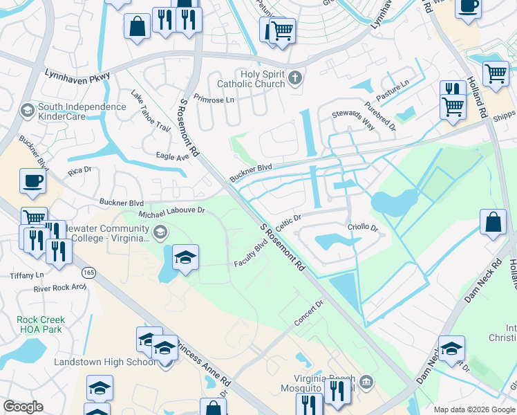 map of restaurants, bars, coffee shops, grocery stores, and more near 3545 Light Horse Loop in Virginia Beach