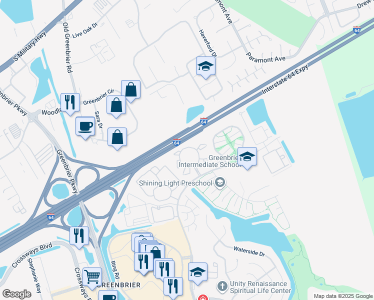map of restaurants, bars, coffee shops, grocery stores, and more near 1712 Birch Trail Circle in Chesapeake