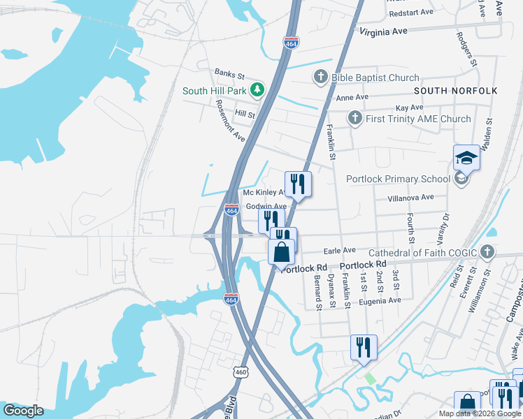 map of restaurants, bars, coffee shops, grocery stores, and more near 1005 Crowell Avenue in Chesapeake