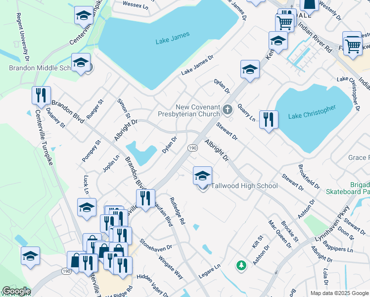 map of restaurants, bars, coffee shops, grocery stores, and more near 1660 Guthrie Street in Virginia Beach