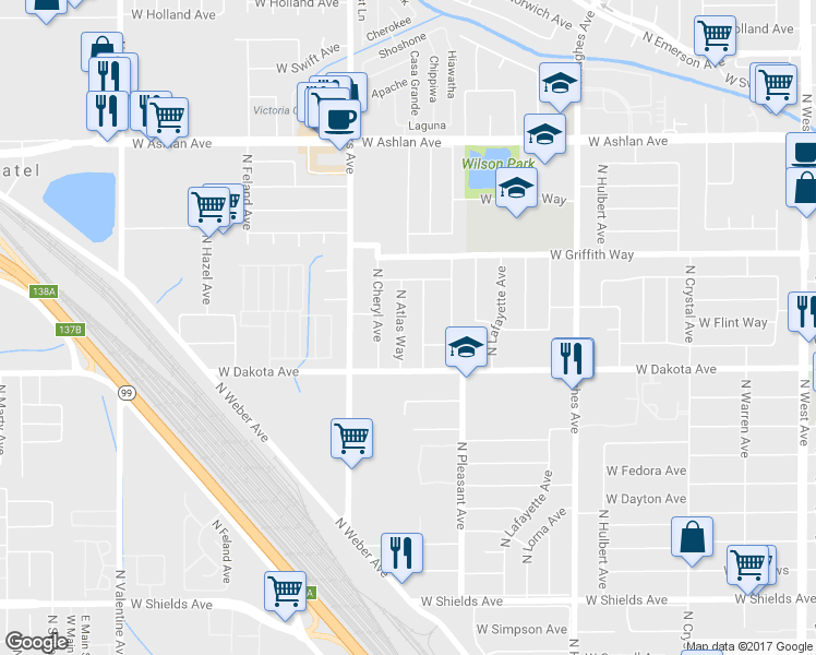 map of restaurants, bars, coffee shops, grocery stores, and more near 3876 North Atlas Way in Fresno