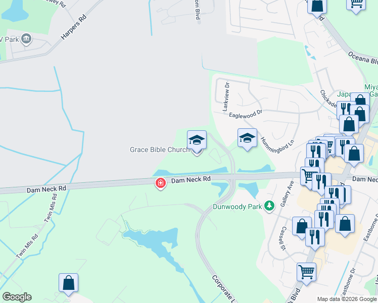 map of restaurants, bars, coffee shops, grocery stores, and more near 1597 Corporate Landing Parkway in Virginia Beach