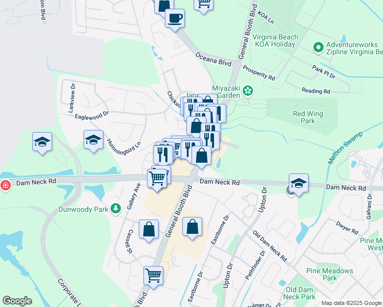 map of restaurants, bars, coffee shops, grocery stores, and more near 1545 General Booth Boulevard in Virginia Beach