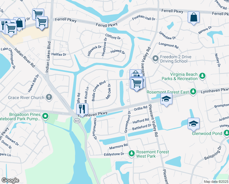 map of restaurants, bars, coffee shops, grocery stores, and more near 5157 Rugby Road in Virginia Beach