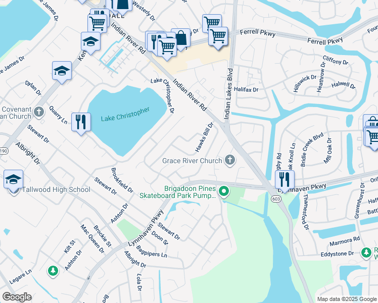 map of restaurants, bars, coffee shops, grocery stores, and more near 1665 Hawks Bill Drive in Virginia Beach