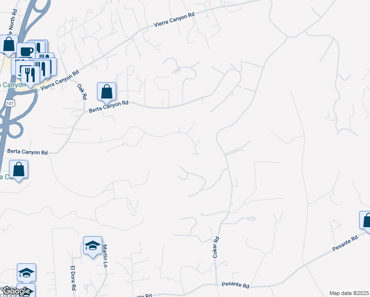 map of restaurants, bars, coffee shops, grocery stores, and more near 18530 Berta Ridge Place in Salinas