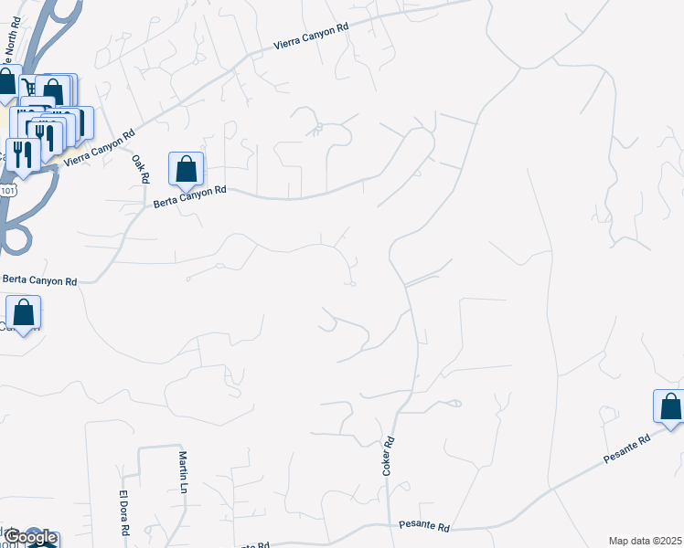 map of restaurants, bars, coffee shops, grocery stores, and more near 18530 Berta Ridge Place in Salinas
