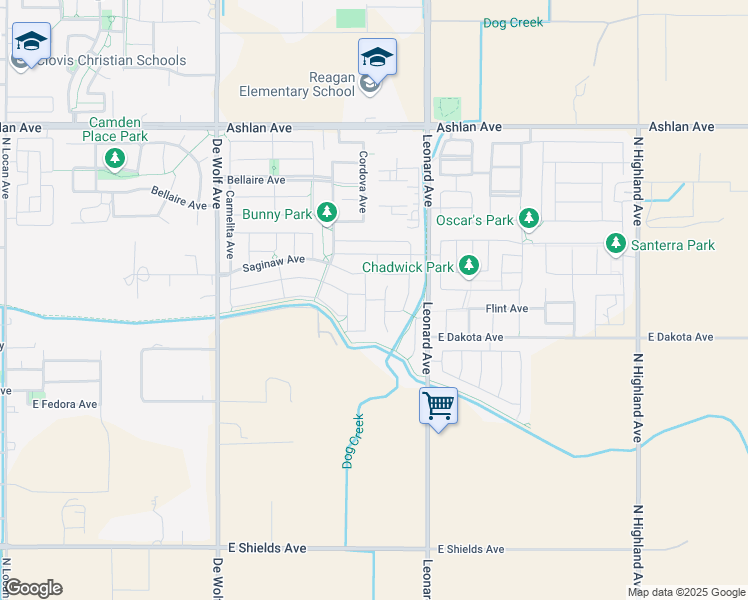 map of restaurants, bars, coffee shops, grocery stores, and more near Flint Avenue in Clovis