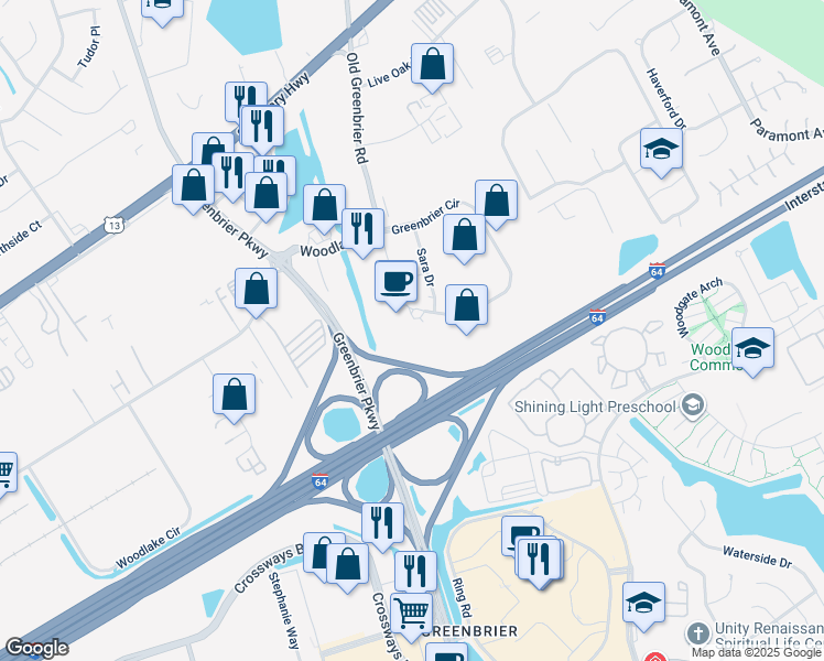 map of restaurants, bars, coffee shops, grocery stores, and more near 860 Greenbrier Circle in Chesapeake