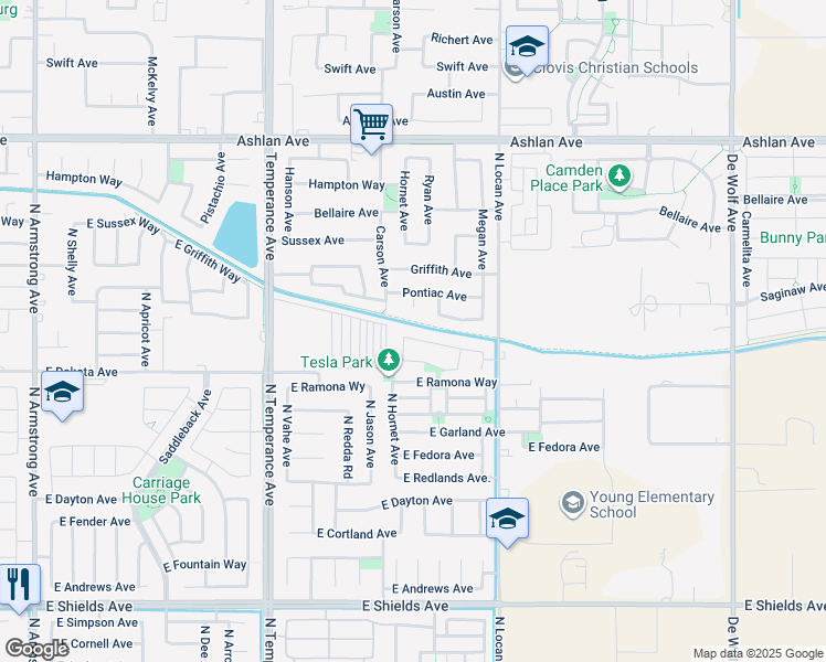 map of restaurants, bars, coffee shops, grocery stores, and more near 7393 East Flint Way in Fresno