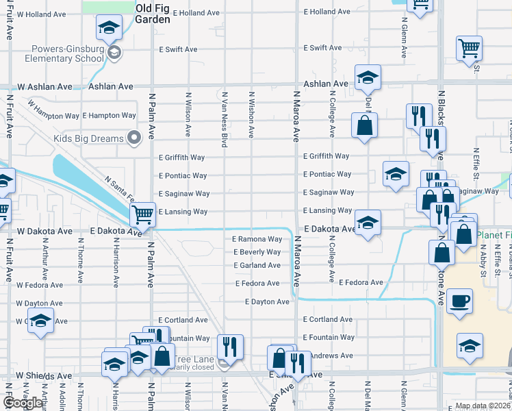 map of restaurants, bars, coffee shops, grocery stores, and more near 708 East Lansing Way in Fresno