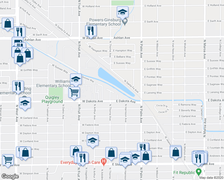 map of restaurants, bars, coffee shops, grocery stores, and more near 36 East Saginaw Way in Fresno
