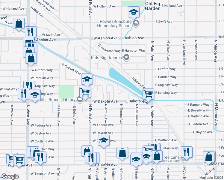 map of restaurants, bars, coffee shops, grocery stores, and more near 150 West Dakota Avenue in Fresno