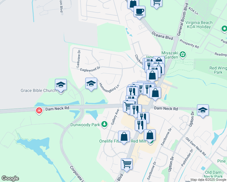 map of restaurants, bars, coffee shops, grocery stores, and more near 1550 Hummingbird Lane in Virginia Beach