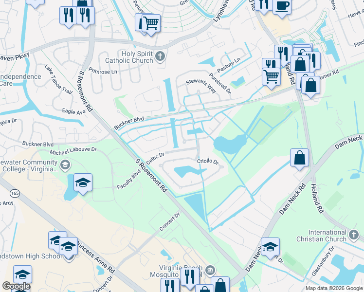 map of restaurants, bars, coffee shops, grocery stores, and more near 3512 Criollo Drive in Virginia Beach