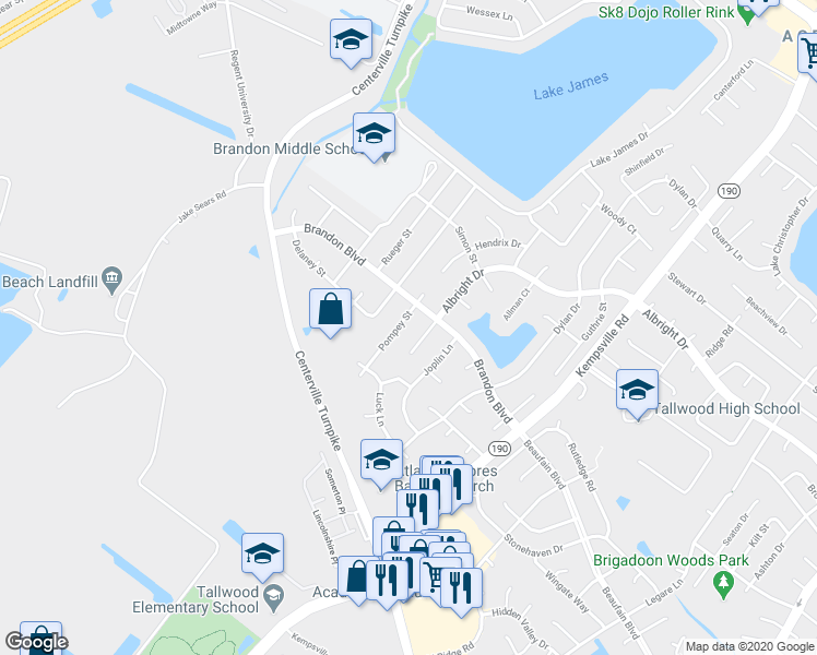 map of restaurants, bars, coffee shops, grocery stores, and more near 5774 Albright Drive in Virginia Beach